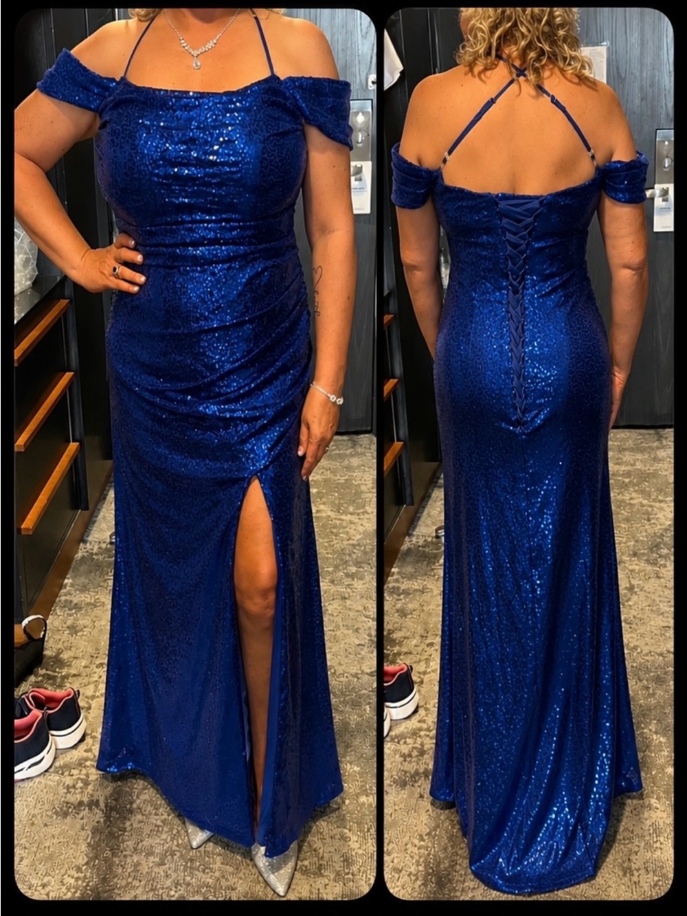 Elegant Off-Shoulder Sequin Evening Gown in Royal Blue